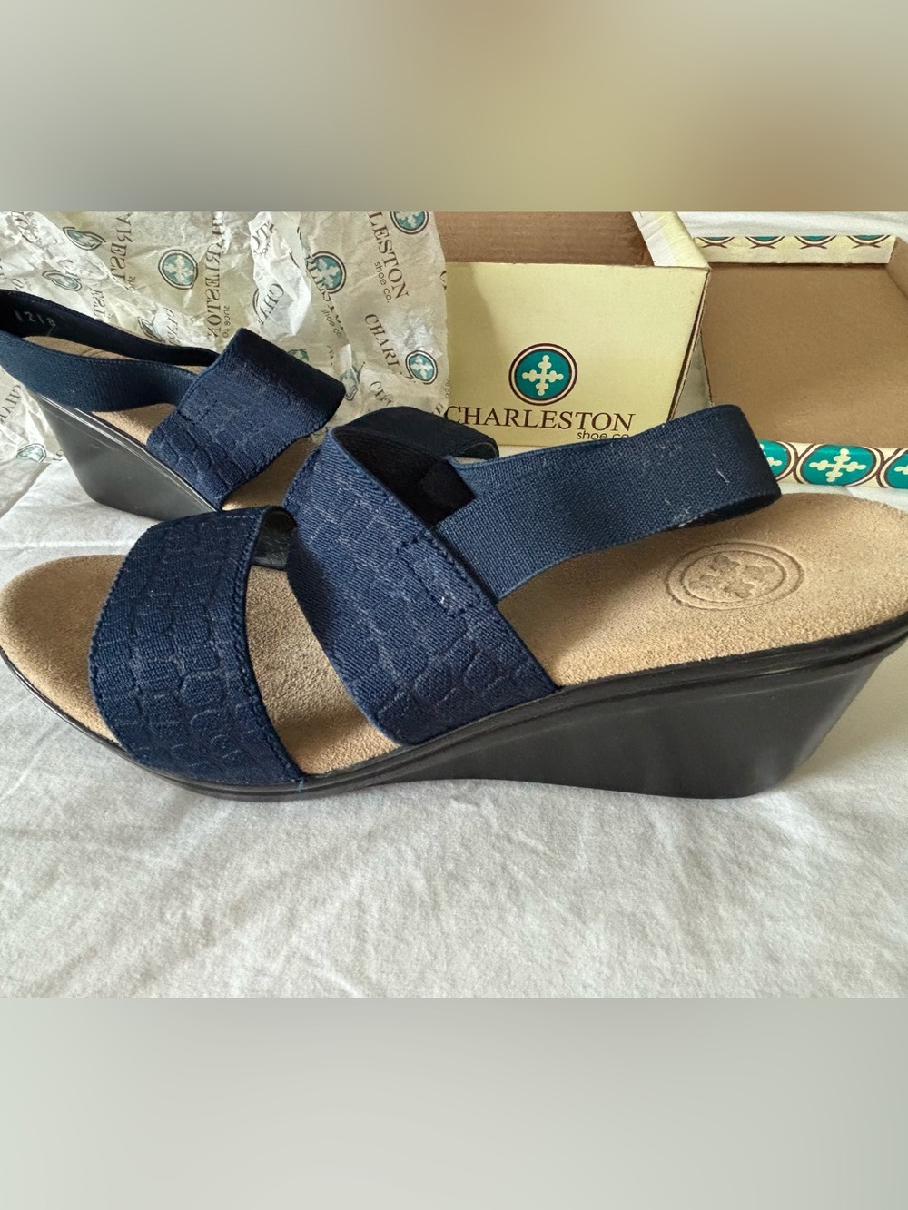 Charleston Shoe Co. PALMETTO Navy Blue Croc size 8 wedge sandal - NWT & Box - Picture 11 of 12